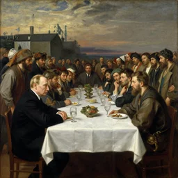 old vladimir putin sitting at the very long table looking at peasants. painting by ilya repin and valentin serov and viktor vasnetsov tretiakov gallery