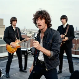 jim morrison playing on a rooftop with the beatles, hd, 4 k, intricate detail