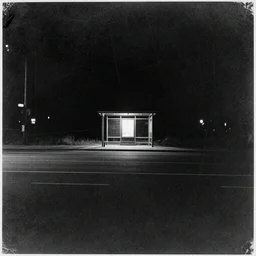 a scratched, textured, weathered, heavily damaged gum bichromate print of distant bus shelter in the distance in the middle of nowhere in the middle of the pitch black night, dark, moody