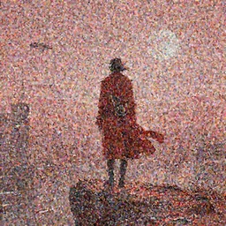 A cyborg lady with her cat standing on her shoulders, she wore a flashy red coat standing on a cliff looking down at a futuristic city, with the atmosphere colored pale red, with dust particles and grains of wind blowing, and the moon is closely seen in the sky. There are flying cars in the sky.