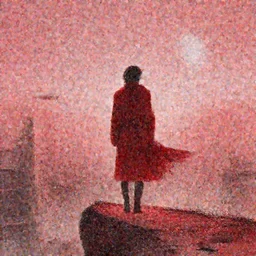 A cyborg lady with her cat standing on her shoulders, she wore a flashy red coat standing on a cliff looking down at a futuristic city, with the atmosphere colored pale red, with dust particles and grains of wind blowing, and the moon is closely seen in the sky. There are flying cars in the sky.