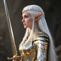 a detailed profile view portrait of the elves queen with white diamond headband and armor in golden and silver colors and a curve long sword, pointy small ears, full body, white long hair, detailed face, epic masterpiece of cinematographic hyperrealism, realistic shaded lighting poster by craig mallismo, artgerm, jeremy lipkin and michael garmash, unreal engine, radiant light, detailed and