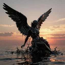 octane, blender, zbrush render, render uhd, 8 k art photography, filmic lighting, cinematic art shot, hyperrealistic, hyperdetailed, super detailed, uhd, uhd, 8 k, high resolution, a fallen angel, black fluid simulation, painting by ross tran and ivan aivazovsky, black water, sunset by zdzisław beksinski