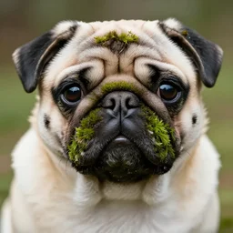 closeup of a pug with moss growing out of its face folds, macro photography, overgrown pug statue made of pug pug pug pug pug pug!!!!!, high resolution photo, trending on artstation