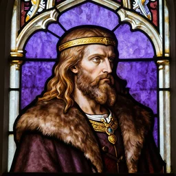 gothic stained glass window, detailed side - view portrait of a determined man, long hair, full beard, golden headband, fur coat, purple background, masterful, backlit