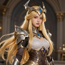 long hair blonde girl in trident metal crown dressed in shoulder padded suit official hearthstone league of legends art