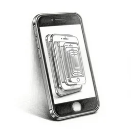 pencil drawing of a smart phone inside of a mirror, the phone screen contains infinite phones, infinite recursion, pencil art, in the style of m. c. escher, clean, detailed