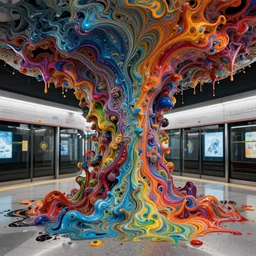 a beautiful insanely detailed photo from a modern metro station surounded by intricate detailed color smashing fluid oilpaint, 3 d render, hyper realistic detailed, sharp, melting wax, fluid acrilic, thin fractal tendrils, intense colors, scifi, fantasy, insanely detailed, octane render, concept art, by peter mohrbacher, by wlop, by ruan jia