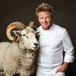 portrait of chef gordon!! ramsay!! as a ram sheep with horns and wool