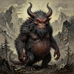 a friendly monster in the mountains of hell, oil painting by tomasz jedruszek and greg rutkowski, cinematic lighting, pen and ink, intricate line, hd, 4 k, million of likes, trending on artstation