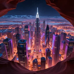 alien planet capital featuring enormous modern buildings, vast neon city district, antelope canyon winter backdrop, megalophobia, 4 k wallpaper, 3 3 mm