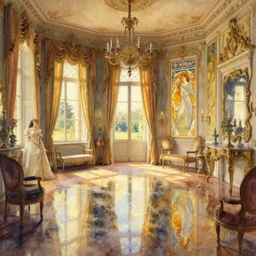 a beautifull intricate watercolour painting of a victorian room, reflexions, verry high details by william turner art, greg rutkowski and alphonse mucha, trending on artstation, very very detailed, masterpiece, golden hour lighting, wide lens,