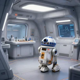 a droid service and repair area inside a spaceship, from a lucasarts point and click 2 d graphic adventure game, art inspired by thomas kinkade