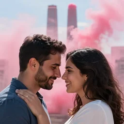 a close up of a smiling couple of parents to be, in front of 9 / 1 1 with pink smoke, clear details, award winning