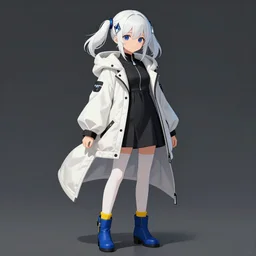 anime girl teenager with white hair tied in two low pigtails, her head is decorated with large diamond - shaped hair clips, her eyes are dark blue, she is wearing a black dress above the knee, white tights, yellow socks and blue short boots with heels and a heavy white jacket with black trim and hood, anime style, 4 k, high quality, digital painting, elegant, highly detalied, artstation, concept art n 1 0