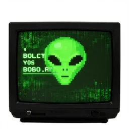 message sent by aliens, digital, pixelated, oldschool crt, eery, green, black, neon, crisp