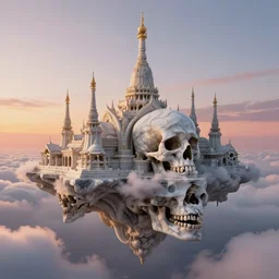 marble floating temple of bones, clouds, sunset, beautiful artwork, trending on artstation, greg rutkowski, masterpiece
