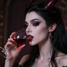 an insanely detailed portrait of a beautiful woman drinking a glass of wine as a succubus demon whispers in her ear, highly detailed features, in the style of peter mohrbacher, artgerm, dramatic lighting and composition, octane render, trending on artstation, concept art 8 k