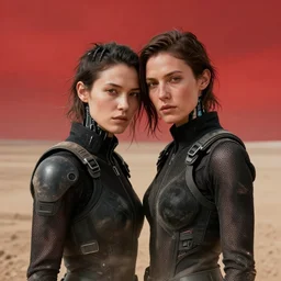 cinestill 5 0 d photographic portrait by steve mccurry of two loving female androids wearing rugged black mesh techwear on a desolate plain with a red sky, extreme closeup, dust storm, 8 k, hd, high resolution, 3 5 mm, f / 3 2, ultra realistic faces, ex machina, cyberpunk 2 0 7 7