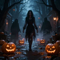 a creepy and eery Halloween setting, with Jack o lanterns on the street and shadow figures lurking about, dynamic lighting, photorealistic fantasy concept art, stunning visuals, creative, cinematic, ultra detailed, trending on art station, spooky vibe