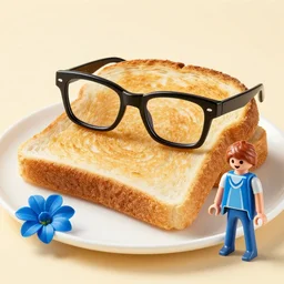 epic professional bread toast, black glasses, blue flower, playmobil figure