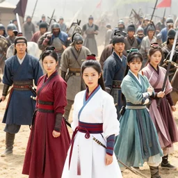 korean stars dress as tai warriors in crowded battlefield.