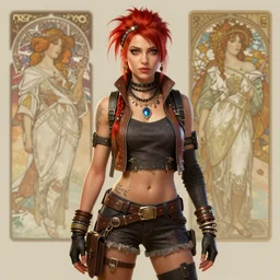 a hyper - realistic detailed character concept art portrait of a vibrantly dressed diesel punk woman on a depth of field background, artstation, award - winning realistic sci - fi concept art by jim burns and greg rutkowski, beksinski, a realism masterpiece, complimentary color palette, james gilleard, bruegel, alphonse mucha, and yoshitaka amano