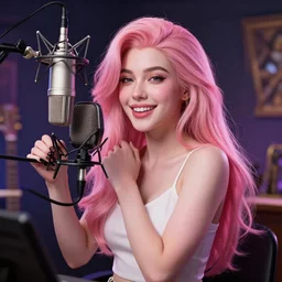 joyful seraphine, from league of legends, pink hair, studio microphone, new musical instruments, au naturel, hyper detailed, digital art, trending in artstation, cinematic lighting, studio quality, smooth render, unreal engine 5 rendered, octane rendered, art style by klimt and nixeu and ian sprigger and wlop and krenz cushart