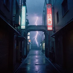 underwater footage of a portal at the end of a tokyo alley, thunderstorm and heavy rain, non - euclidean, neon lights, ektachrome photograph, volumetric lighting, f 8 aperture, cinematic eastman 5 3 8 4 film
