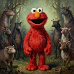 creepy elmo by jakub rozalski, surreal mythological painting by malczewski, legendary creature and animals heards,