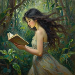 a girl in a jungle with a book, her hair flowing down, subtle, intricate details, dynamic pose, real masterpiece, oil on canvas, by somsak anong