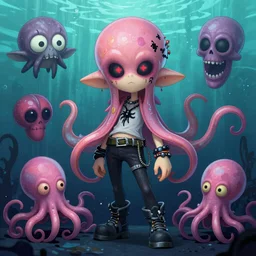 CGI lisa frank gothic punk vampiric rockstar underwater caustics vampire squid character designs of various shapes and sizes by genndy tartakovsky and ruby gloom by martin hsu and the creators of fret nice being overseen by Jamie Hewlett from gorillaz for splatoon by nintendo