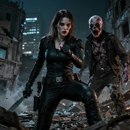 An dramatic, Marvel comic-book style image of an badass MIB agent encountering an zombie for the first time in a ruined city night, detailed, ominous