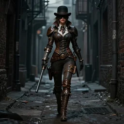 a steampunk female gunslinger walking down a dark alleyway, her bowler hat covering her eyes by alex flores, trending on artstation, digital art, dark fantasy, steampunk