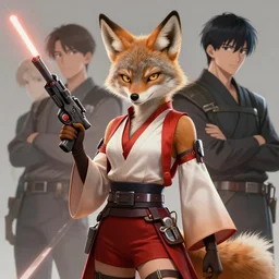 beautiful portrait of a female anthropomorphic coyote fursona wearing sexy jedi robes wielding a blaster laser gun. character design by charlie bowater, ross tran, artgerm, and makoto shinkai, detailed, soft lighting, rendered in octane