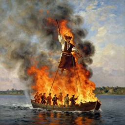 tall scene of a traditional russian belyana catches fire while sailing down the volga, by ilya repin
