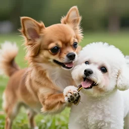 a photorealistic closeup image of a cute brown colored long haired chihuahua cocker spaniel dog with short ears playing with a happy white bichon frise dog at the park. brightly lit. extreme detail. 4 k hd unreal engine