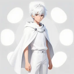 anime teen guy with short wavy white hair wearing white clothes with short cape surrounded by circular mech drones, wlop, concept art, digital painting, trending on artstation, highly detailed, epic composition, 8 k uhd