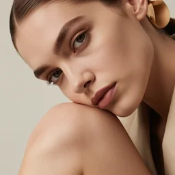 close up of face of female fashion model, sitting on chair, beige colors, official jil sander and valentino editorial, highly detailed