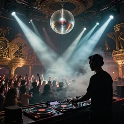 beautiful digital art of a dj on stage spinning records with headphones looking over crowd dancing at a club by h.r. giger and moebius, silhouette, volumetric lighting, haze, moving heads light beams, spot lights, disco ball, trending on artstation, 4k, unreal engine, intricate, ornate