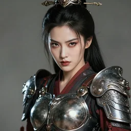 a close up portrait of a menacing, beautiful, iron - clad female warrior by jiayuan song