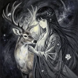 priestess of galactic deer. gouache painting by award - winning mangaka, intricate details, chiaroscuro, bloom, backlighting