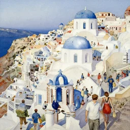 busy santorini, intricate environment, impressionistic watercolor painting by denis sarazhin, alvaro castagnet, john singer sargent, simon stalenhag, thomas kinkade, craig mullins