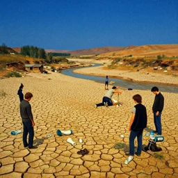 the 👽 crash site at a dry river bed in a barren 🏜 by ivan shishkin and zacharias aagaard and simon stalenhag and dan mumford and josan gonzalez, chiaroscuro, tonalism, sfumato, high saturation, retrowave