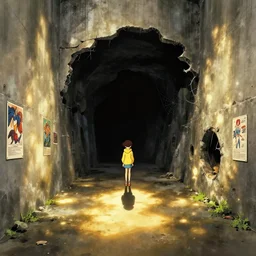 dramatic lighting, tatsuyuki tanaka, incredible ghibli movie screenshot, vanishing point, focal point, ultra wide, brutalist, yellow hoodie girl, large dark hole in the side of concret, sipder, bright dappled golden sunlight, long dark shadows, black depths, posters, notices, hobbit hole, overgrown, spiderwebs