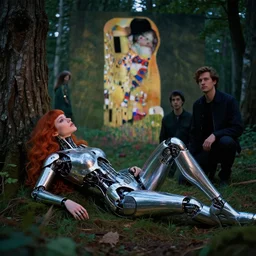 beautiful female cyborg with auburn hair, lounging in the Marian forest at dusk, by Edgar Maxence and Ross Tran and Michael Whelan and Gustav Klimpt