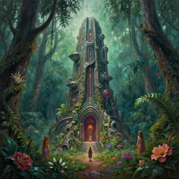 amazing highly detailed painting of a weird eerie futuristic monument in a rainforest, surrounded by hippies and flowers. 8 k