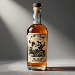 studio photography of an old west whiskey bottle containing whiskey made from life energy which has a label featuring illustration of a skull drinking from the same bottle