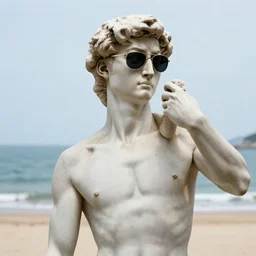 statue of David in the beach wearing sunglasses, realistic