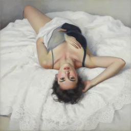 portrait painting of a woman posing in an artistic over a bed, white lace sheets by jeremy mann, only one head single portrait